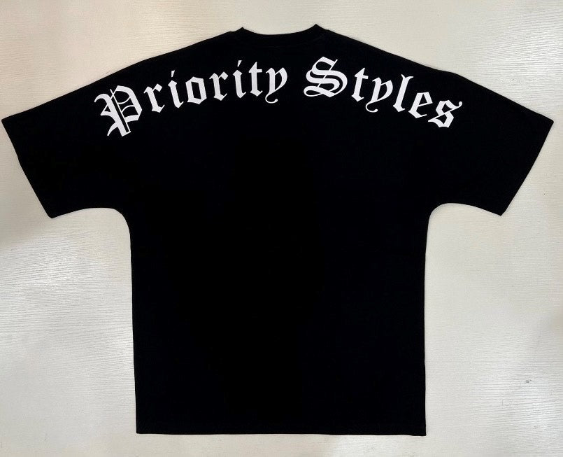 Black "Priority Styles" oversized logo t-shirt