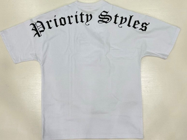 White "Priority Styles" oversized  logo t-shirt