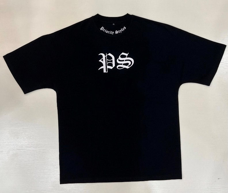 Black "Priority Styles" oversized logo t-shirt